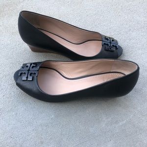 Tory Burch peep toe black wedges
